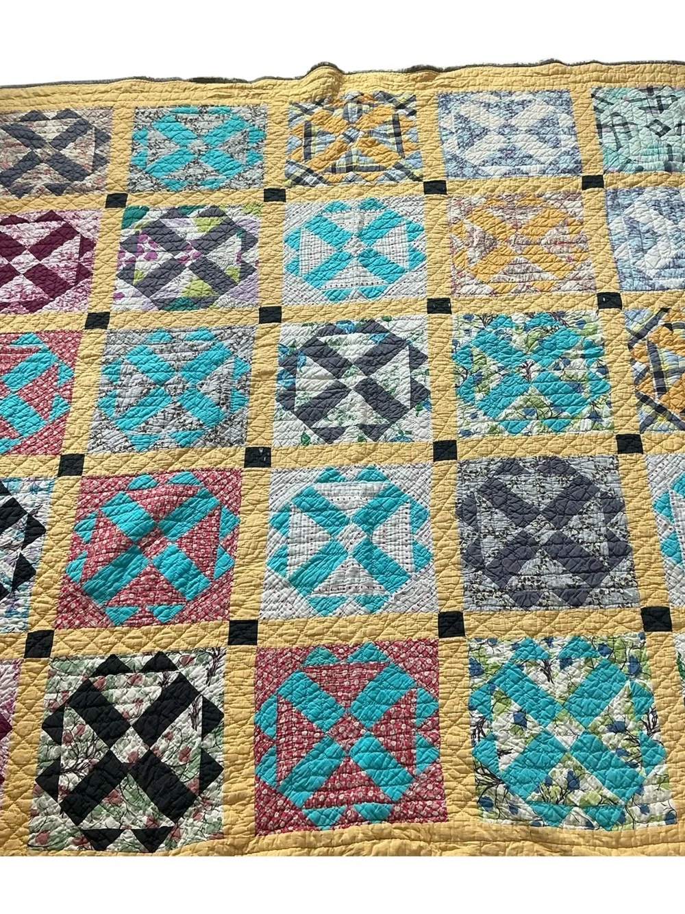 Vintage handstitched cross pattern multicolored patchwork quilt 70 x 75 USA made